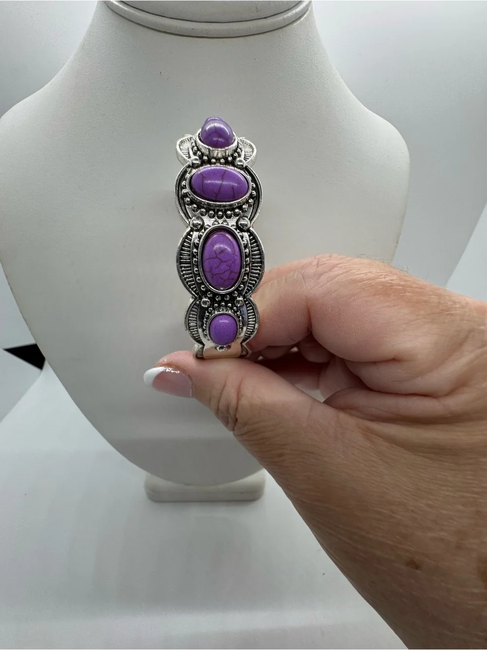 Purple Stone Cuff Bracelet Silver Tone Southwestern Boho Statement Jewelry